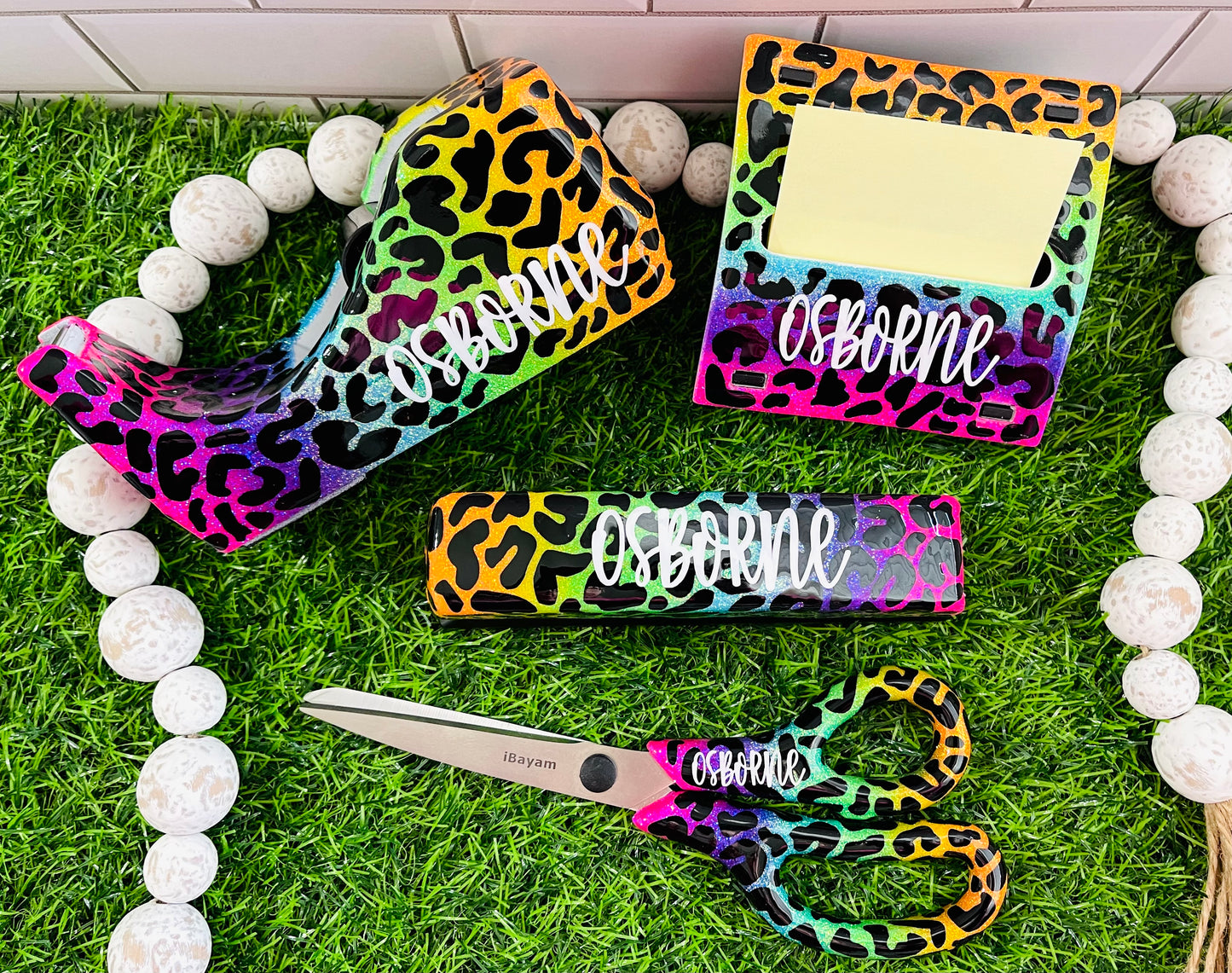 Full Leopard & Rainbow Print Glitter Office Supply Set