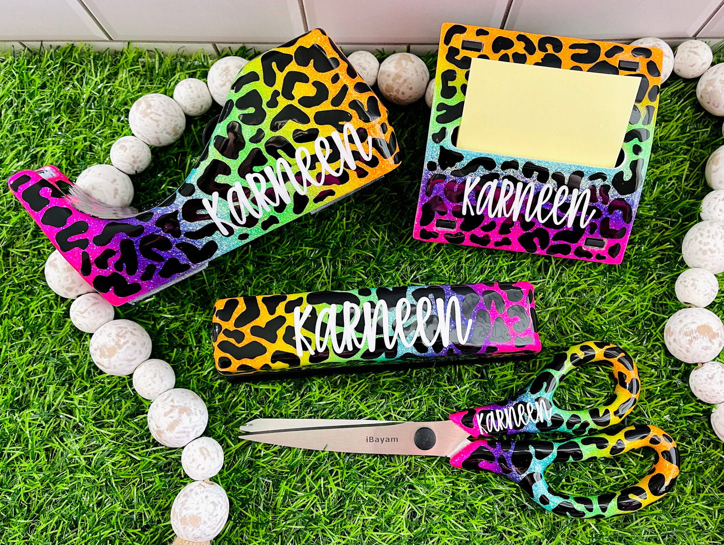 Full Leopard & Rainbow Print Glitter Office Supply Set