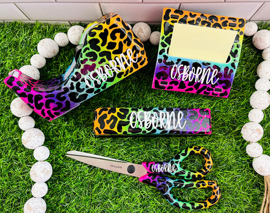 Full Leopard & Rainbow Print Glitter Office Supply Set