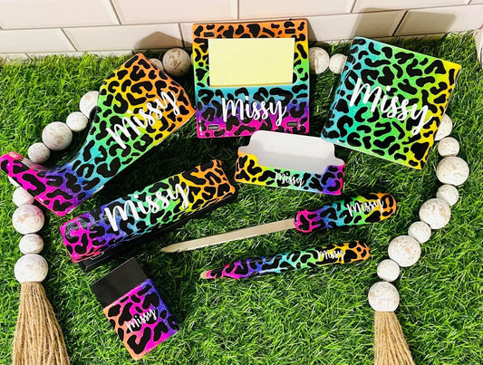 Full Leopard & Rainbow Print Glitter Office Supply Set